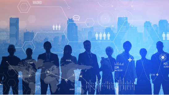 silhouette of people standing next to each other with overlay of networks and background of city scape