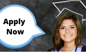 woman with grad cap and text saying apply now
