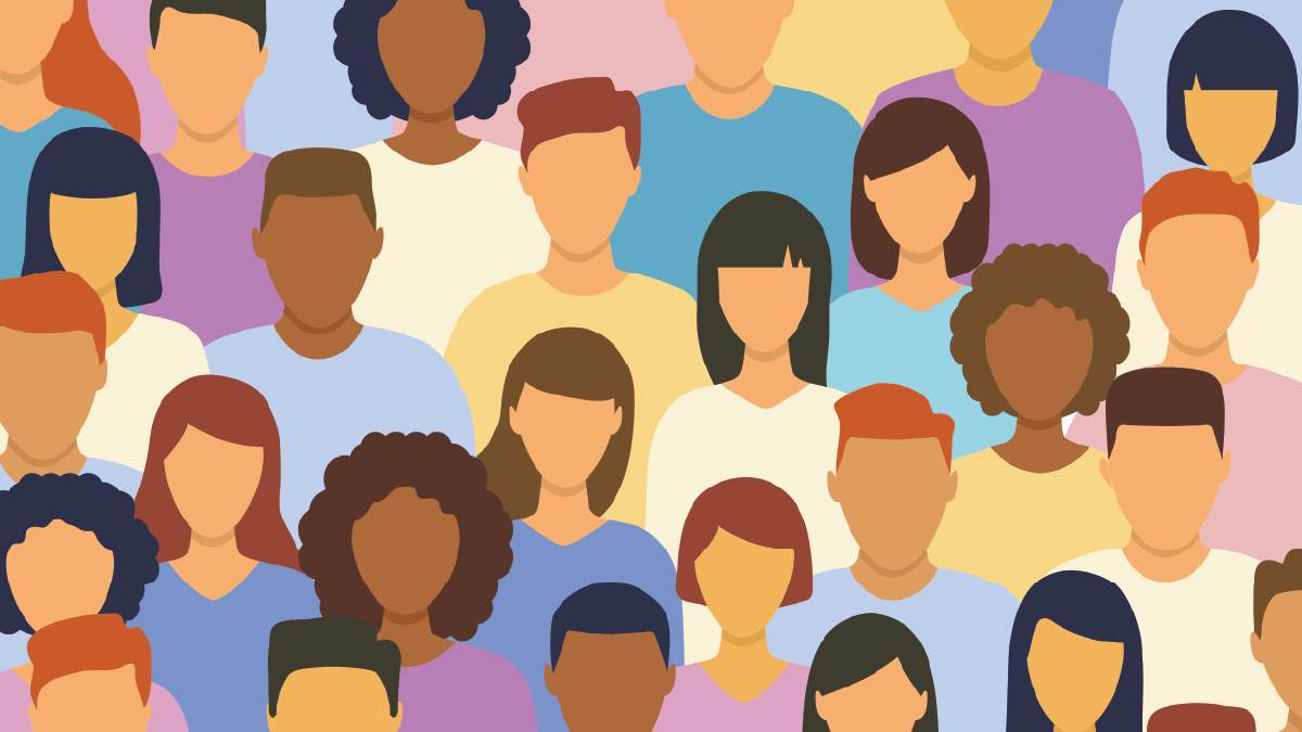 illustration showing crowd of diverse people dressed in wide range of colors.