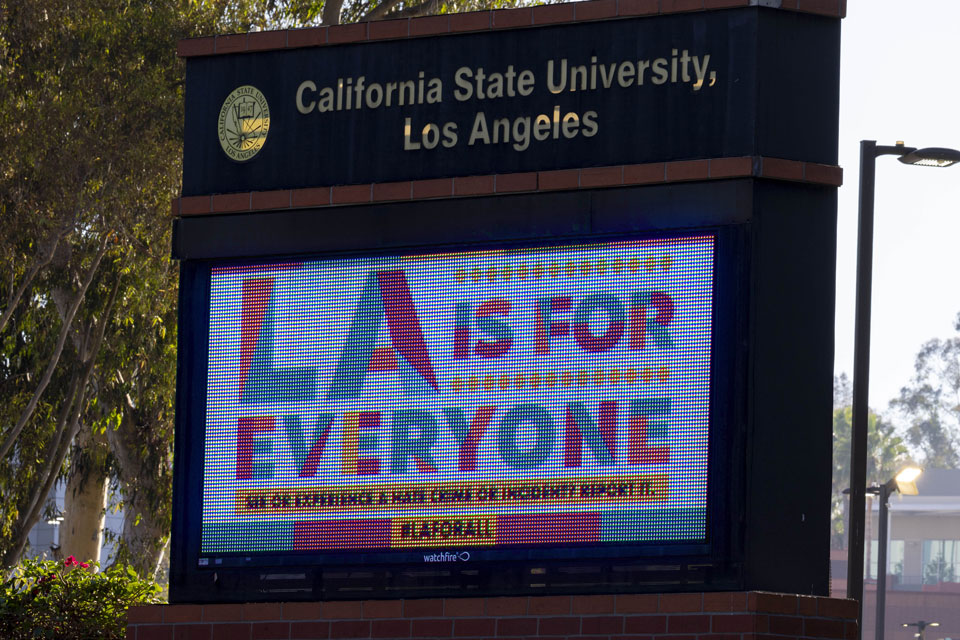 Electronic message board displaying LA For All campaign message.