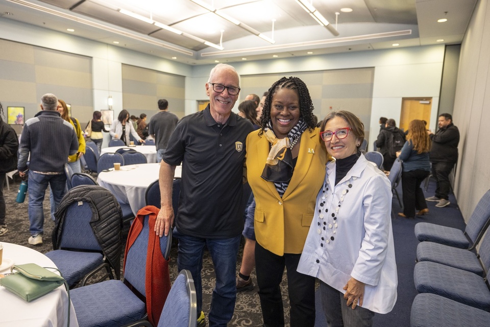 Photo: Cal State LA President Berenecea Johnson Eanes, center, catches up with Jeff Silverman and Amelia Pérez-Silverman during the Pérez-Silverman.
