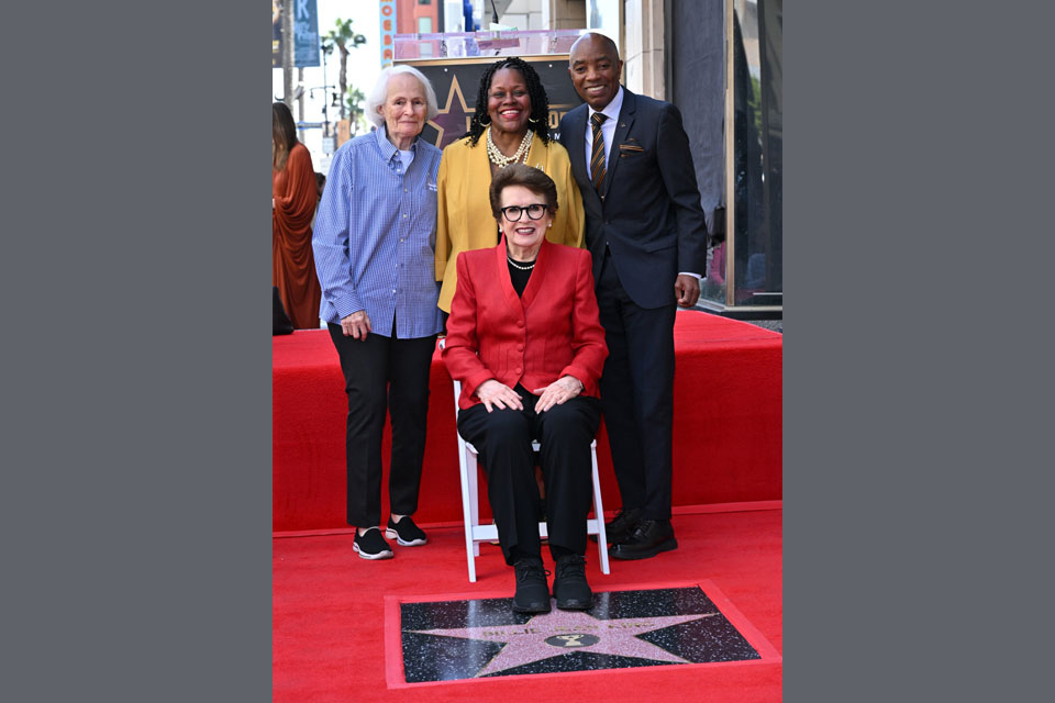Photo: From left, CSU Trustee Jean Picker Firstenberg, Cal State LA President Berenecea Johnson Eanes, and Athletics Executive Director Daryl Gross joined tennis legend Billie Jean King to celebrate the dedication of her star on the Hollywood Walk of Fame.