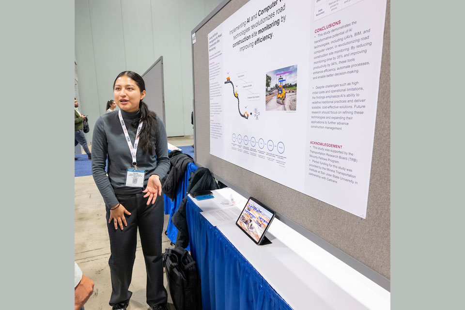 Cal State LA student Yahaira Nava Gonzalez delivering a poster presentation.