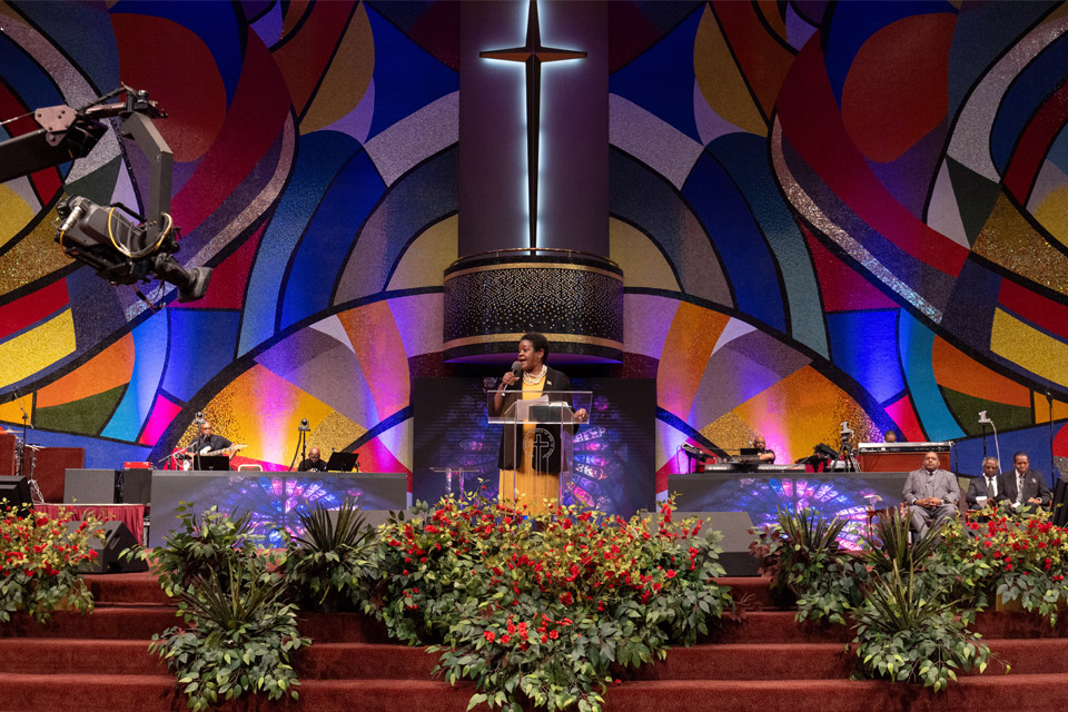 Cal State LA President Berenecea Johnson Eanes attends service at West Angeles Church of God in Christ.