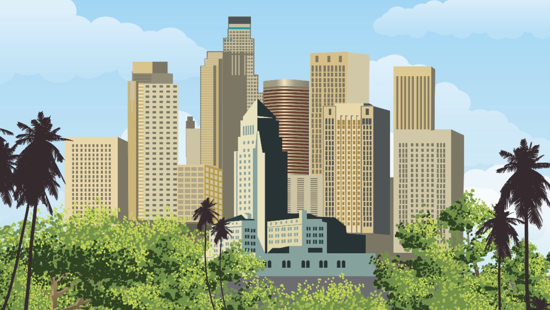 A graphic rendering image of LA City Hall by Nery Orellana.