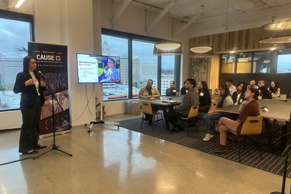 hoto: California State Appointments Secretary Morgan Carvajal speaking to students participating in the CAUSE on Campus at Cal State LA leadership program.