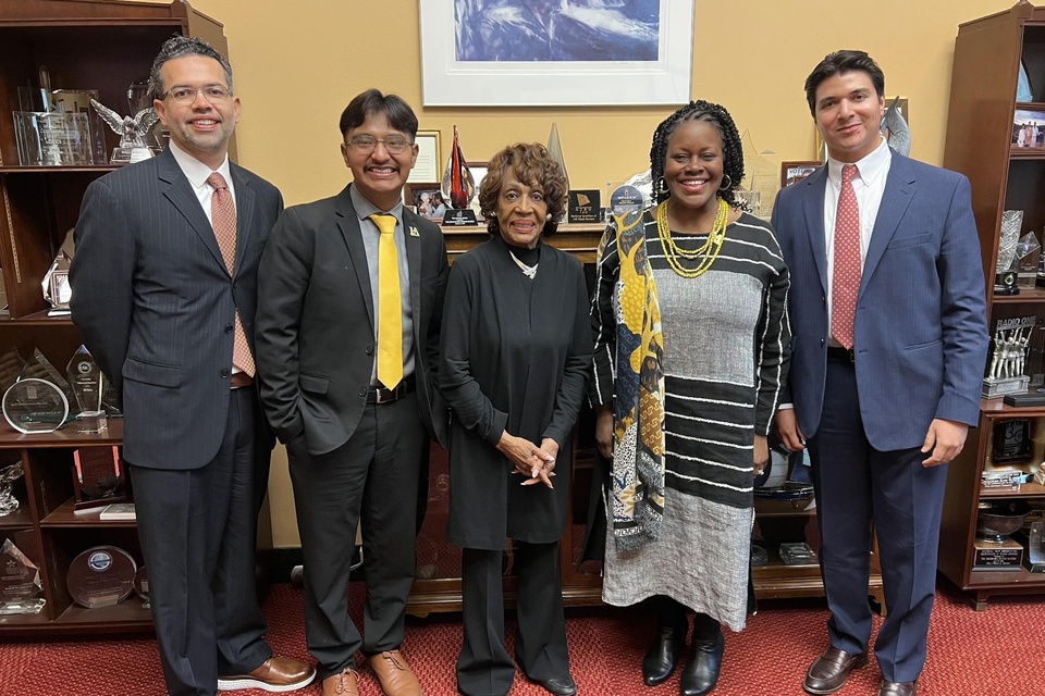 Photo: Associated Students, Inc. President Yahir Flores, second from left, was among the Cal State LA delegates to visit Washington, D.C., during the CSU Hill Week in April. From left to right, Cal State LA Chief of Staff Victor Rojas, Flores, Congresswoman Maxine Waters, President Berenecea Johnson Eanes, and Executive Director of External Affairs and University Relations Omar Gonzales. 