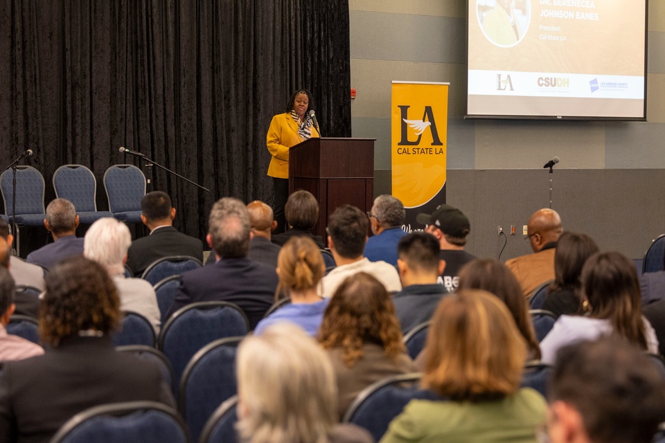 Photo: Cal State LA President Berenecea Johnson Eanes provides the keynote address at the Future Forums event.