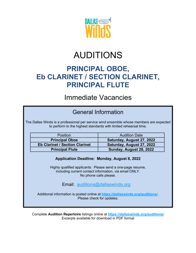 Auditions Oboe, Flute