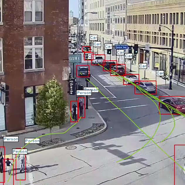 Intersection showing traffic data person and car and bicycle