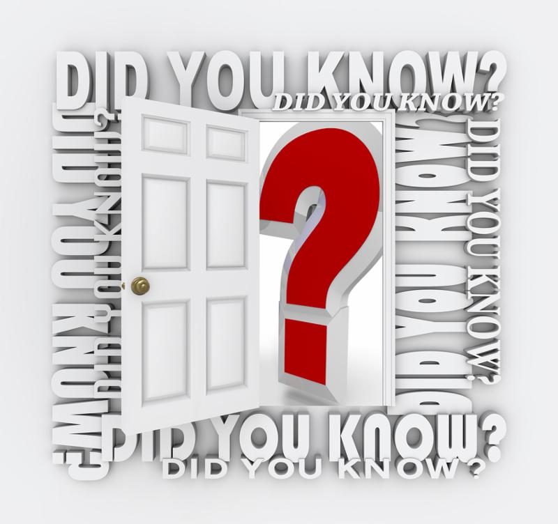 The words Did You Know surround a door unlocking and opening to reveal a giant red question mark representing the opportunity to learn new things and acquire new knowledge, facts and trivia