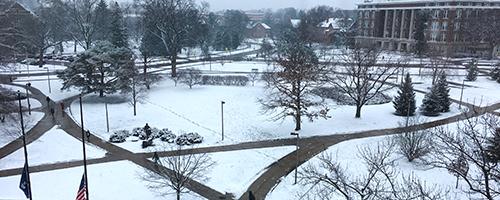 sidewalks surrounded by snow covered grounds at MSU