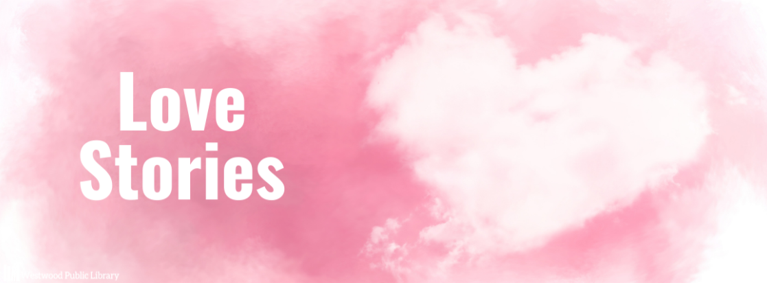 A heart imprinted into pink clouds with "love stories" written across.