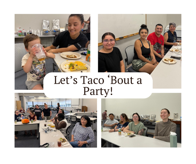 A collage of four photos showing Imagine Staff at a Taco Party at the Lafayette offices. 