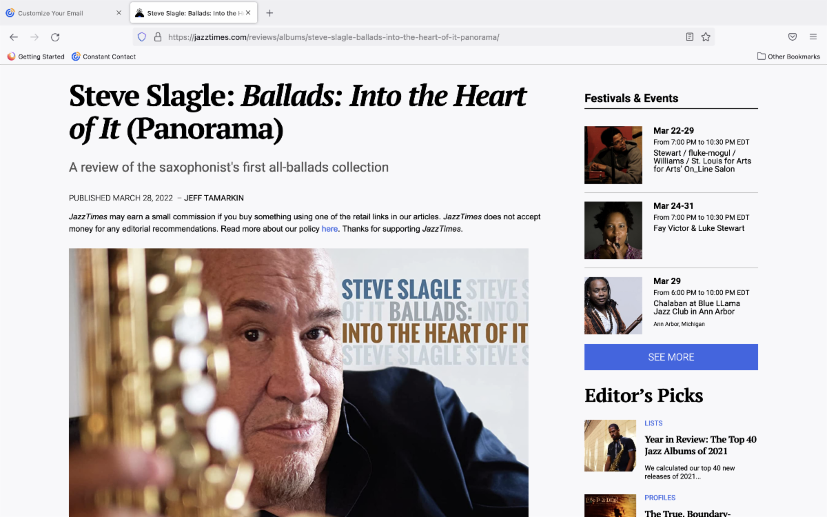 STEVE SLAGLE Shows, JazzTimes Rave Review on INTO THE HEART OF