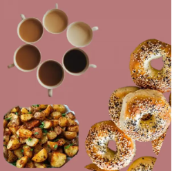 Image of coffee cups, bagels, and hashbrowns with a pink background. 