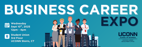  A flyer for the UCONN School of Business Career Expo showing a group of diverse students in professional attire with the event details