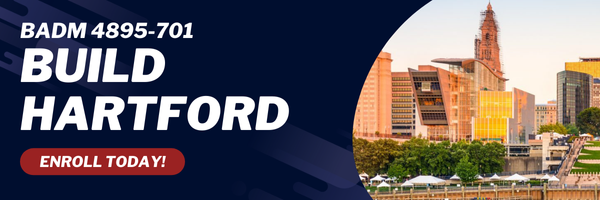 A dark blue and red banner for BADM 4895 Build Hartford