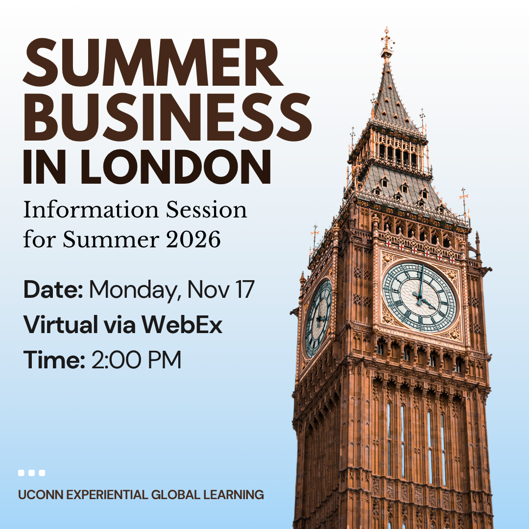 Image of London Big Ben clocktower with text for an upcoming Summer Business in London info session