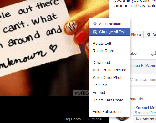 A screen shot of the Options menu on a photo in Facebook
