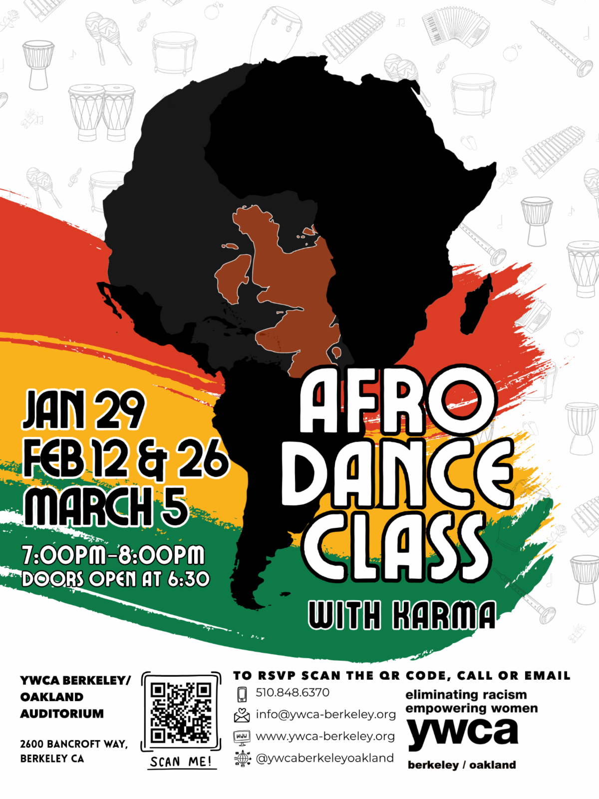 Afro dance class with karma. Thursday Feb 12 & 26th, March 5th 7-8pm at YMCA