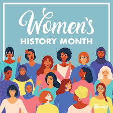 National Women's History Month with stylized, animated figures of a diverse group of women