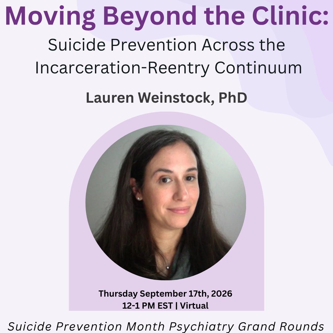 Moving Beyond the Clinic talk flyer with picture of Lauren Weinstock, white woman with long dark hair