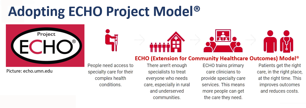 A diagram of project ECHO showing the problem that there are too few specialists to provide care, then Project ECHO involves specialty training and consultation, improving the number of people who are provided specialty care 