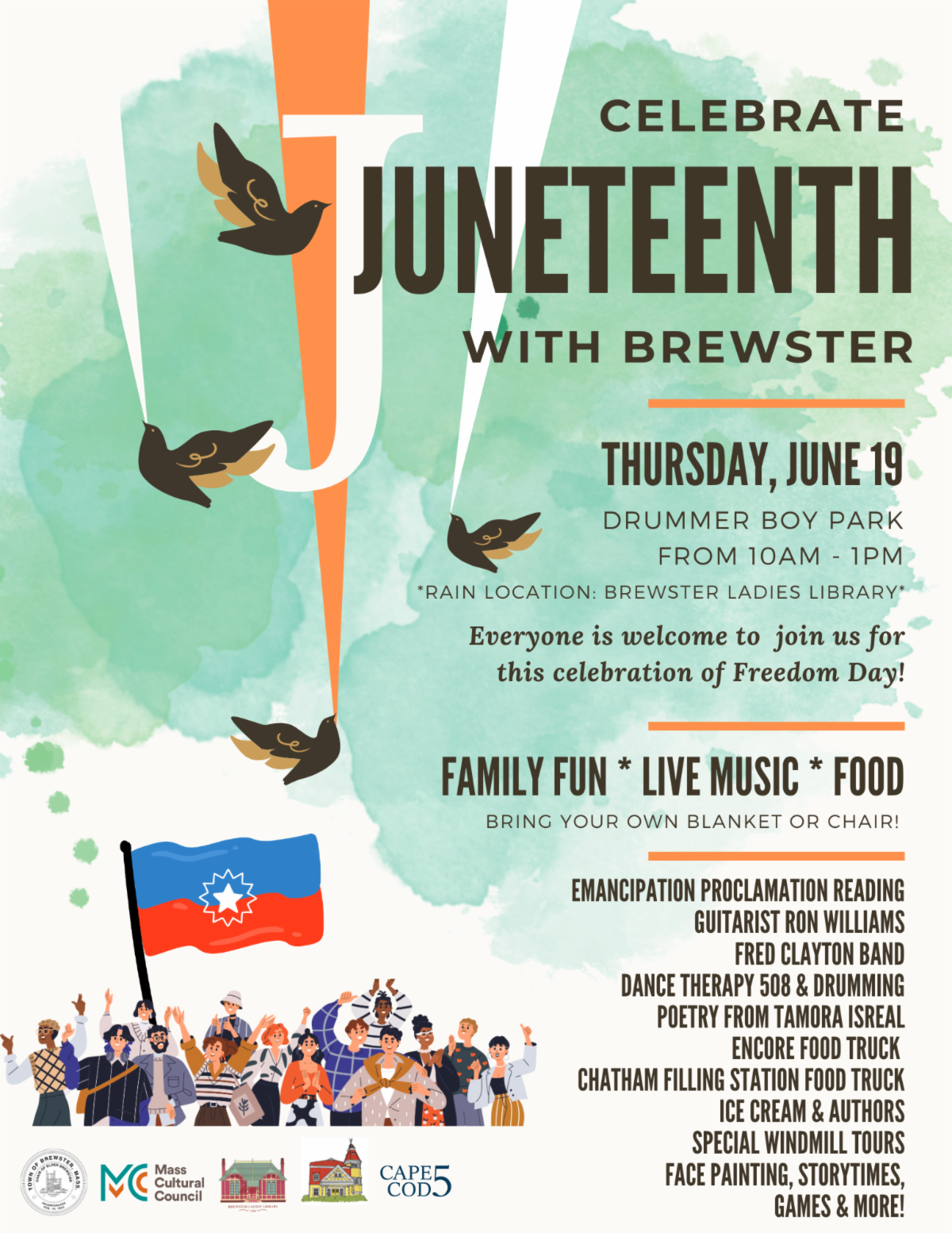 Informational flyer for the juneteenth celebration at drummer boy park