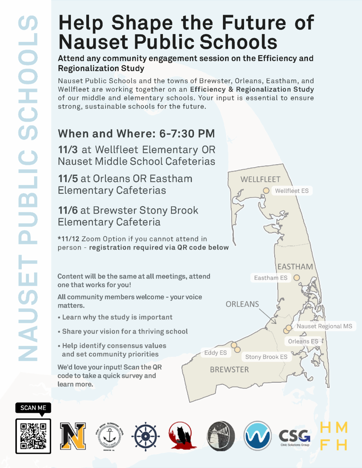 Informational flyer for the community engagement sessions for the school efficeny and regionalization study.