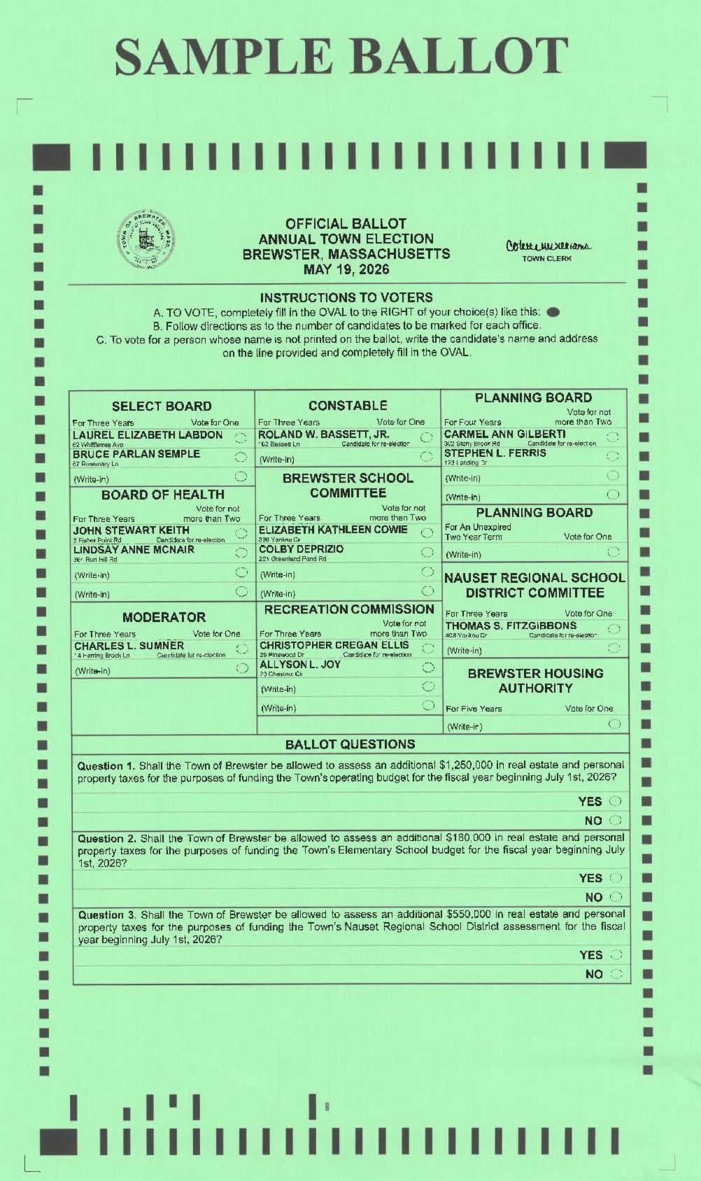 Sample ballot for 2026 Annual Brewster Election
