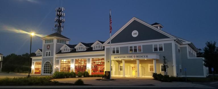 The Brewster Fire Department at night.