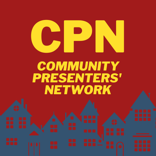 A dark red sqaure with yellow text which reads "CPN" in a large font and "Community Presnters' Network" in a smaller font. At the bottom of the square, is a small cartoon village, silouetted in blue.