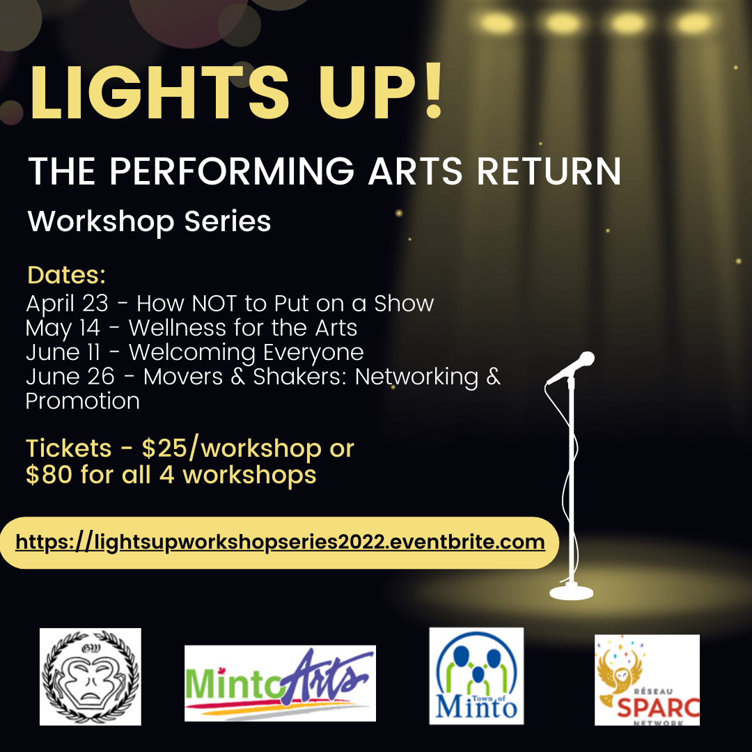 A poster with a dark background, a microphone to the right and lights shining down on it. The poster gives the details of the Lights Up workshop series and at the bottom are the logos of the sponsors and hosts