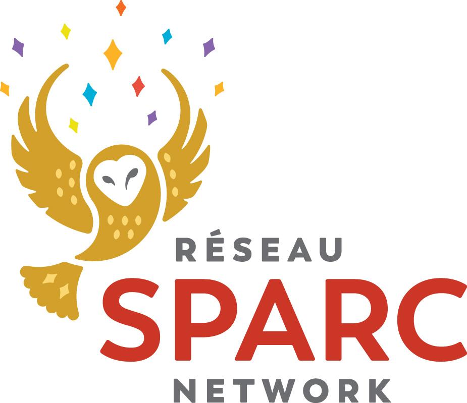 A golden barn owl reaches it wings upward. Sparks of colour radiate off the wings. The words Réseau SPARC Network are to the right of the owl (SPARC is written in red)