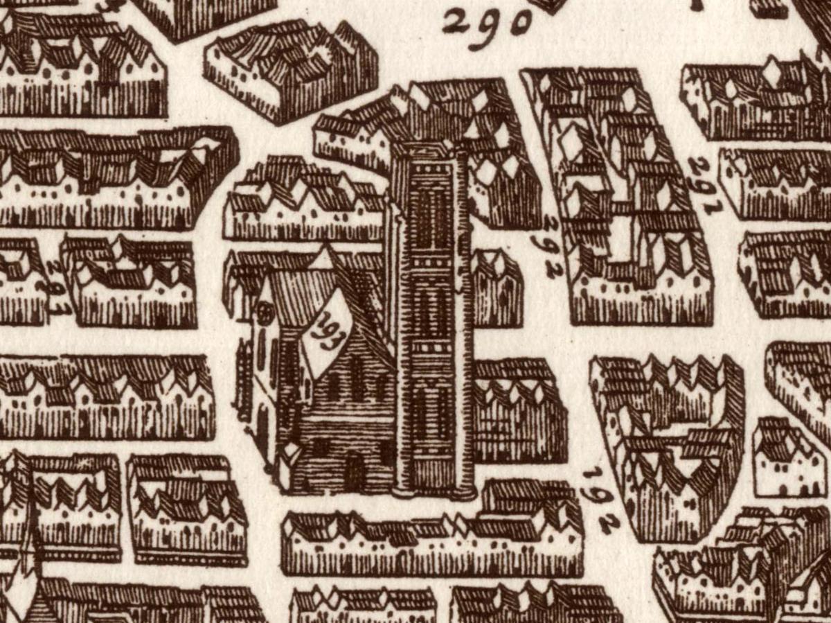 Église Saint-Jacques-de-la-Boucherie depicted in a 1618 Map of Paris by Claes Janszoon Visscher II