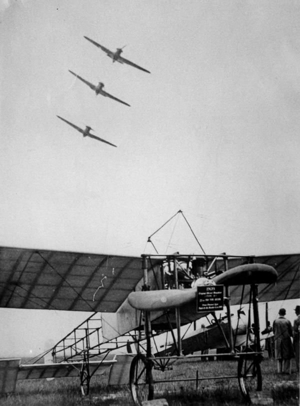 1909 Bleriot XI at a pre war RAeS Garden Party with Hurricanes flying overhead