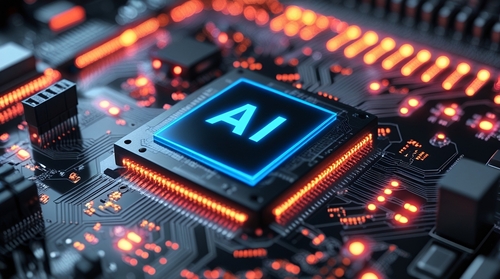 3D illustration of glowing blue  AI  text on a computer chip_ dark background with circuit board texture.