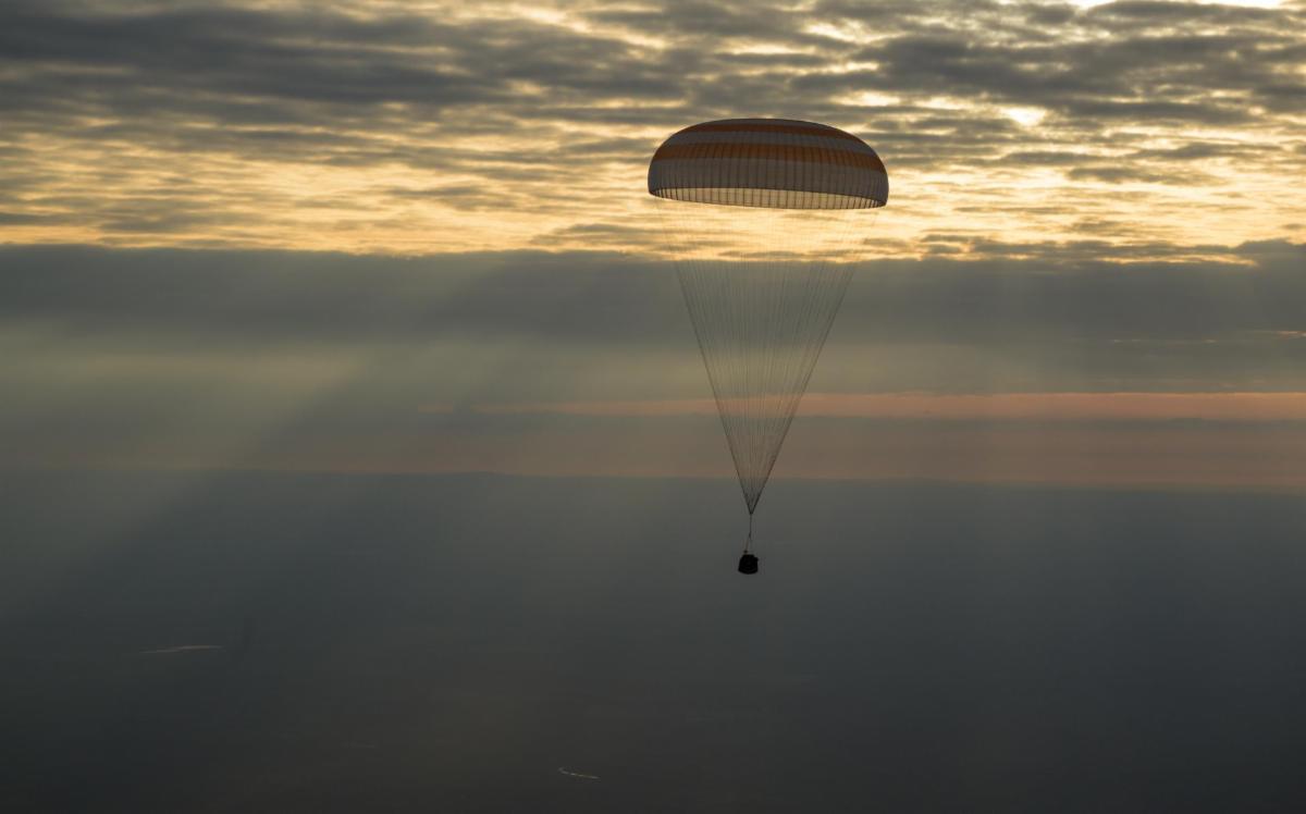 The Soyuz MS-26 spacecraft is seen as it lands on April 20, 2025 (April 19 Eastern time) in a remote area near the town of Zhezkazgan, Kazakhstan, with the Expedition 71/72 crew aboard.