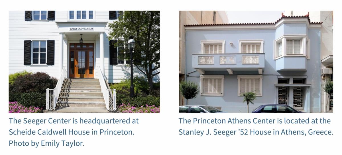 A white building with a staircase leading up to a brown door and a blue two-story townhouse.