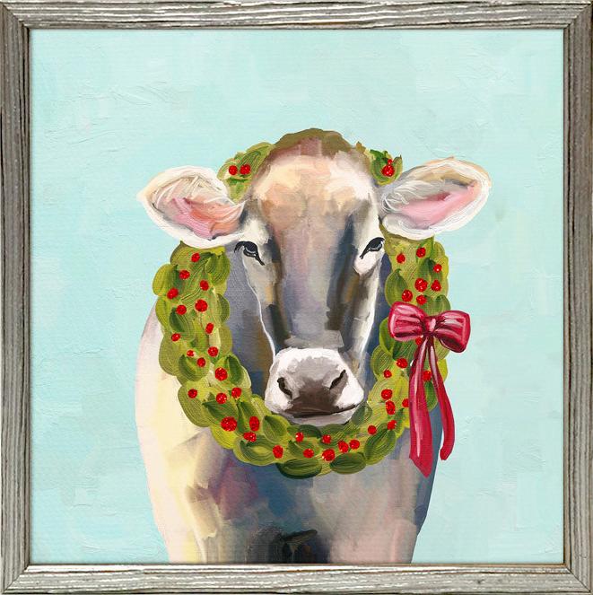 Cow with Wreath Framed Canvas