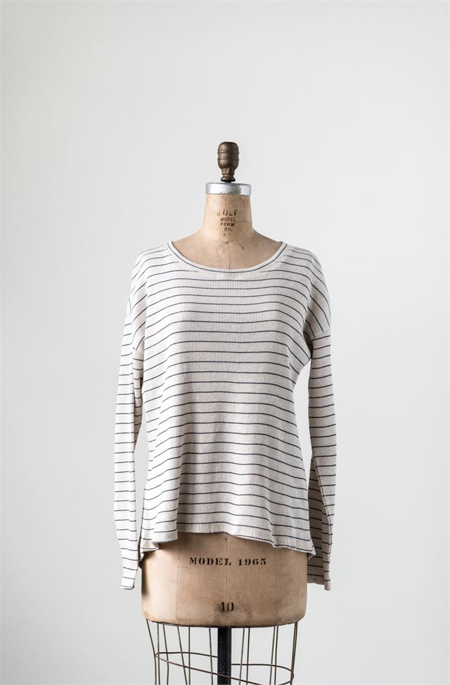 LS Waffle Tee Cross Back - Charcoal Stripe