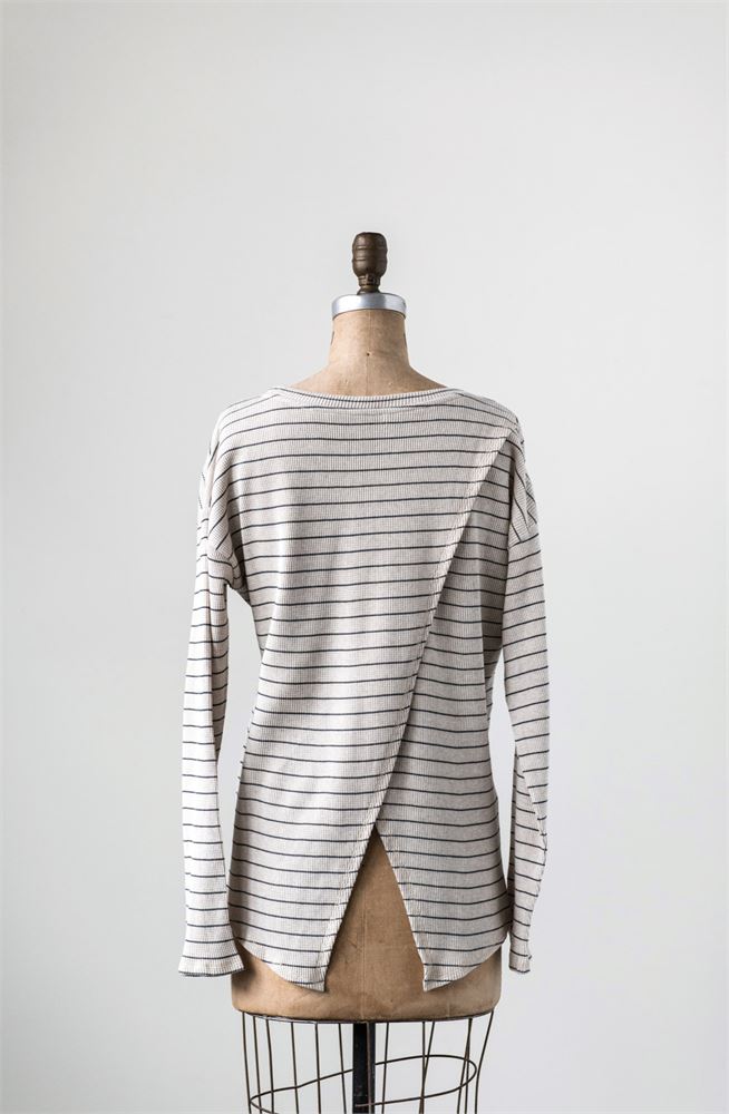 LS Waffle Tee Cross Back - Charcoal Stripe