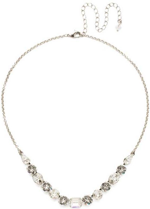 Antique Silver Tansy Half Line Clear Crystal Necklace