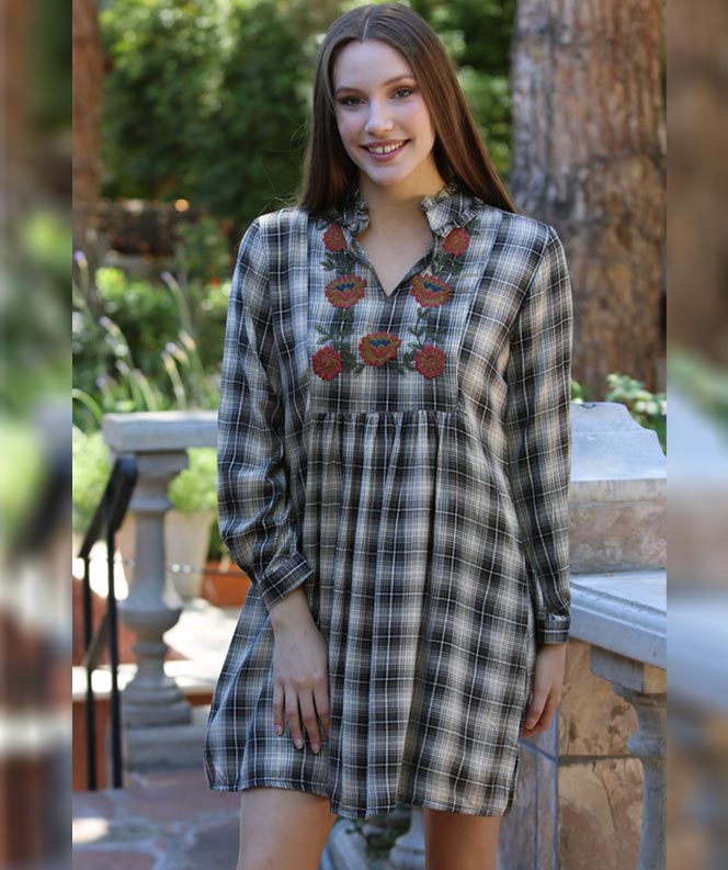 Plaid Tunic with Floral Embroidery