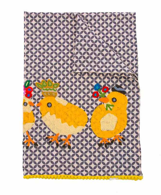 Embroidered Three Chicks Gathering Tea Towel