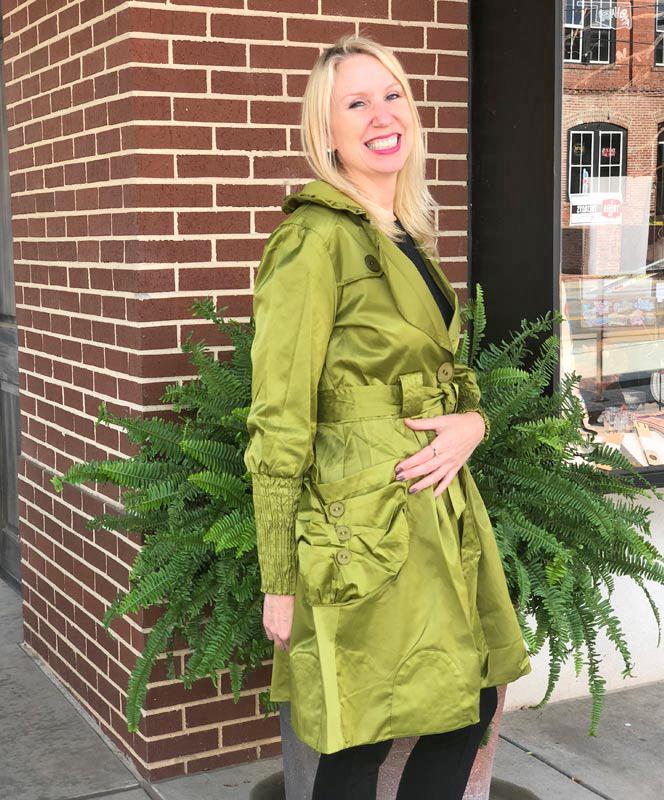 Green Satiny Coat with Buttons and Ruffles
