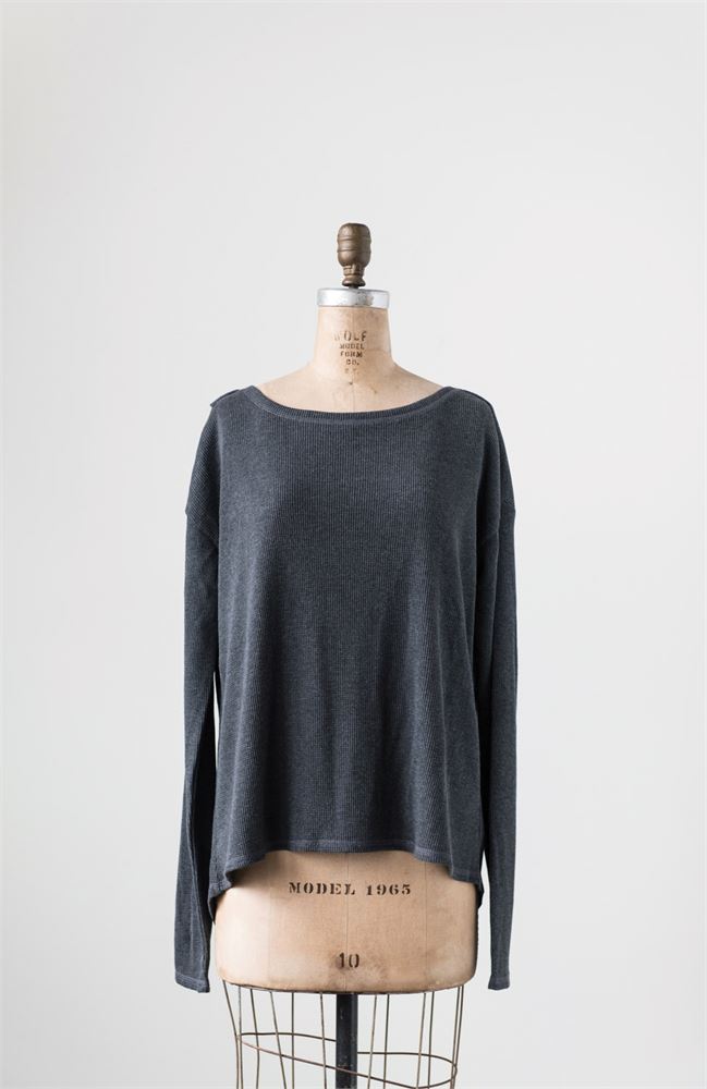 LS Waffle Tee with Cross Back - Charcoal