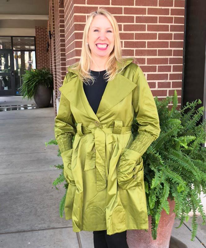 Green Satiny Coat with Buttons and Ruffles
