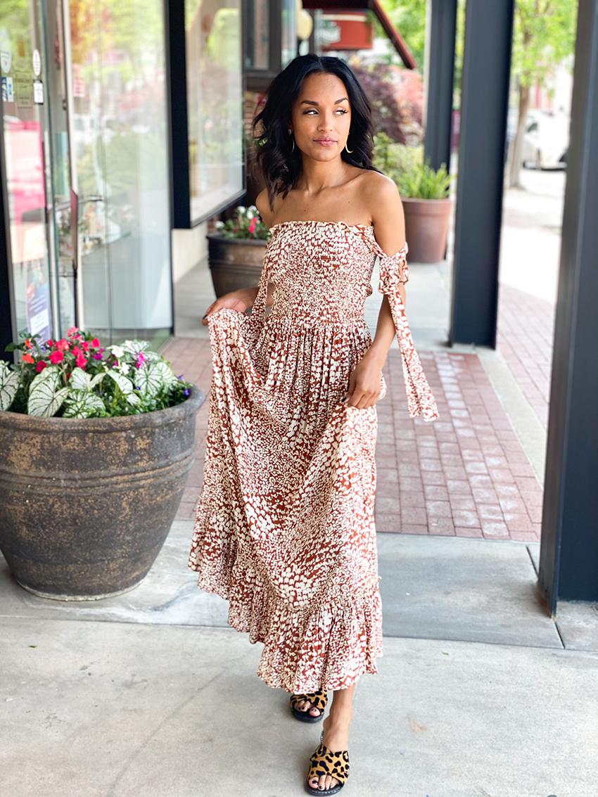 Rust and Cream Smocked Maxi Dress
